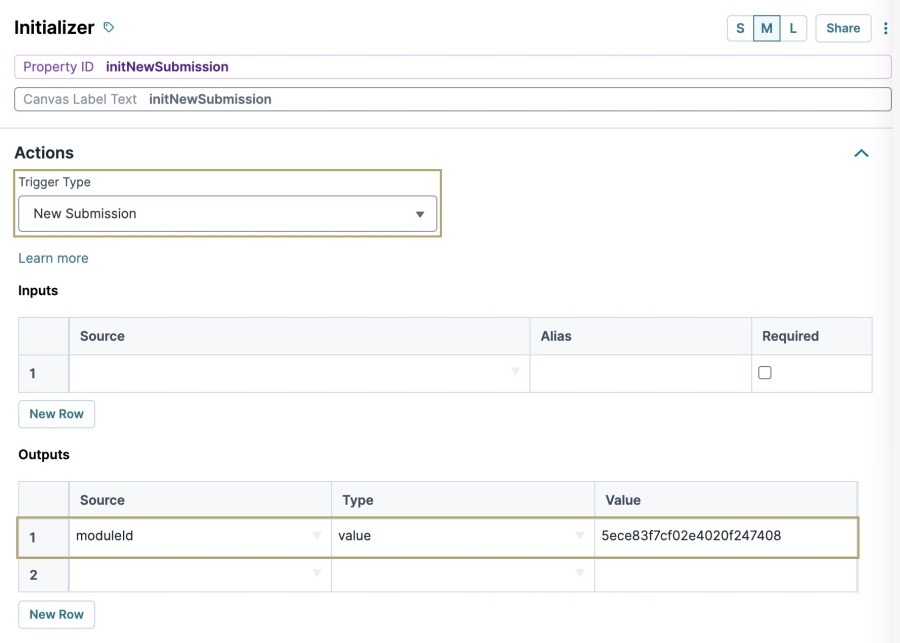 A static image displaying the initNewSubmission Intializer component's configuration with the New Submission Trigger Type and outputs to the schema module.