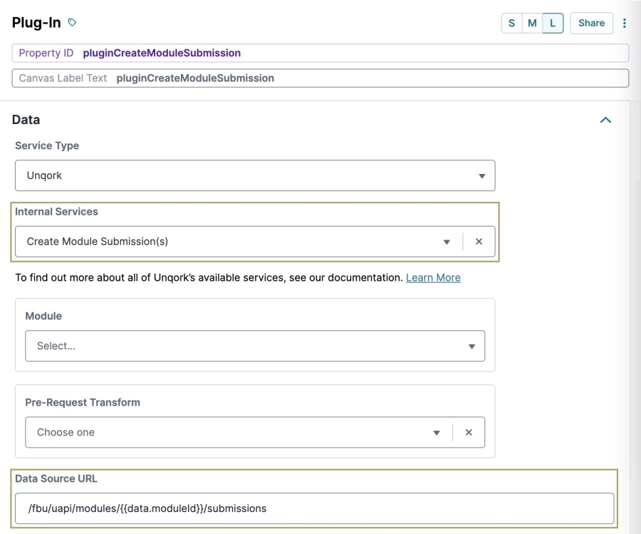 A static image displaying the Create Module Submisson(s) Internal Service selection in the Plug-In component.