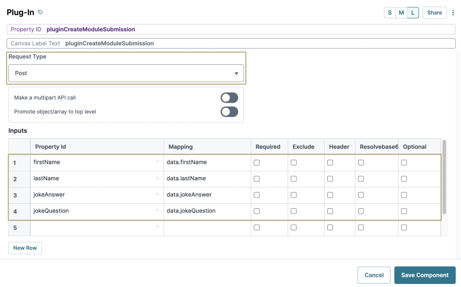 A static image displaying the Post Request Type and data field mapping of the Plug-In component.