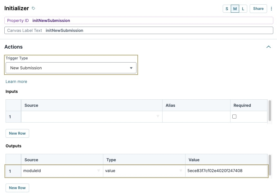 A static image displaying the initNewSubmission Intializer component's configuration with the New Submission Trigger Type and outputs to the schema module.