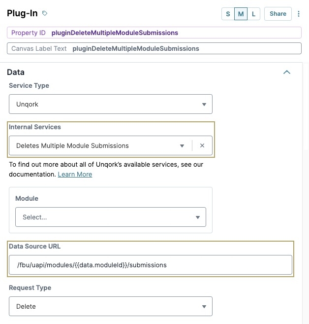 A static image displaying the Deletes Multiple Module Submissions Internal Service selection in the Plug-In component.