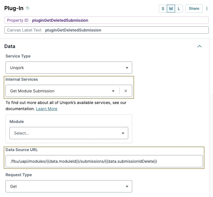 A static image displaying the Get Module Submission Internal Service selection in the Plug-In component.