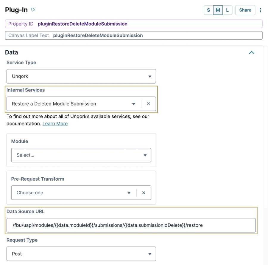 A static image displaying the Restore a Deleted Module Submission Internal Service selection in the Plug-In component.