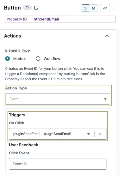 A static image displaying the completed configuration of the Button component with the Event Action Type and the on click triggering the Plug-In component.