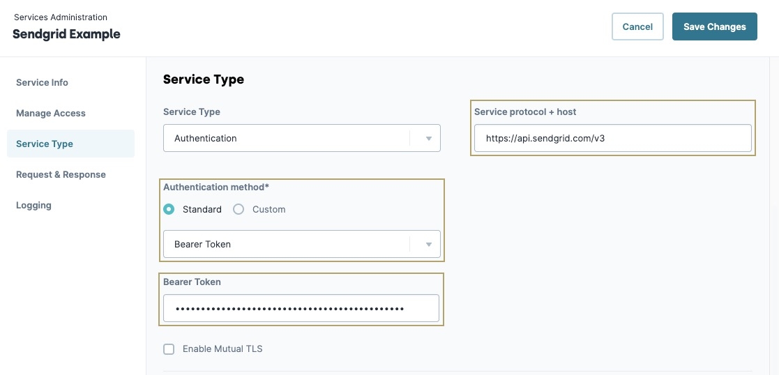 A static image displaying the service configuration, including selecting the Bearer Token authentication type.