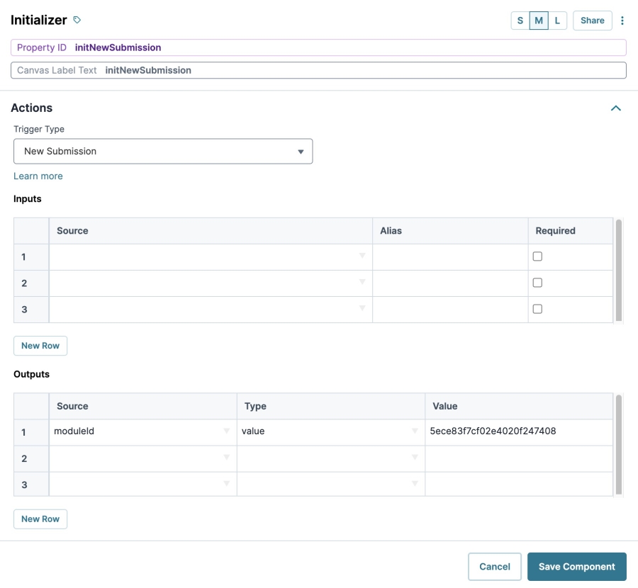 A static image displaying the initNewSubmission Intializer component's configuration with the New Submission Trigger Type and outputs to the schema module.