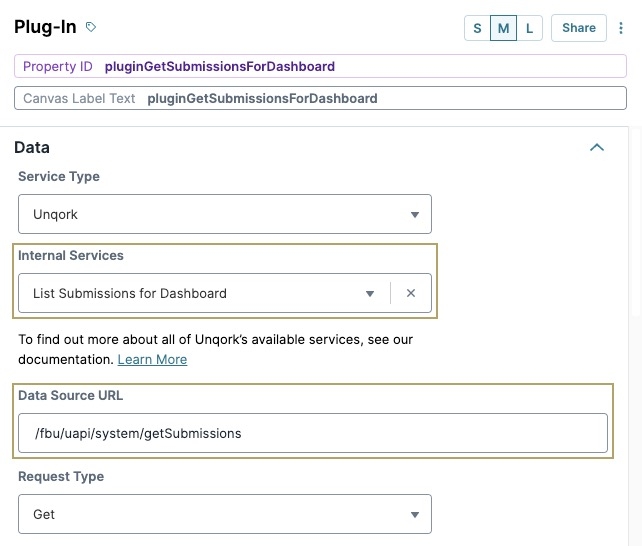 A static image displaying the List Submission for Dashboard Internal Service selection in the Plug-In component.