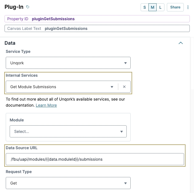 A static image displaying the Get Module Submissons Internal Service selection in the Plug-In component.