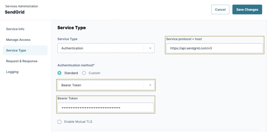 A static image displaying the SendGrid service's settings. the Server Protocol, and Authentication Method fields are filled out.