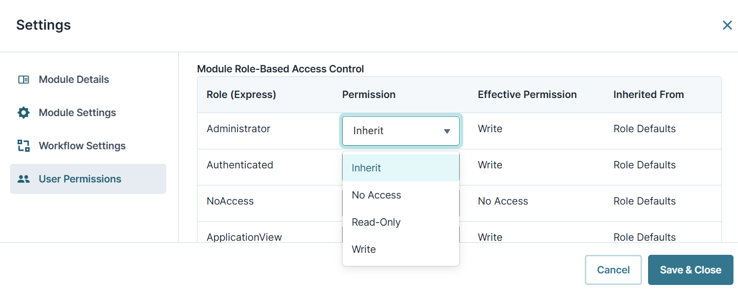 A static image displaying user permissions for RBAC.