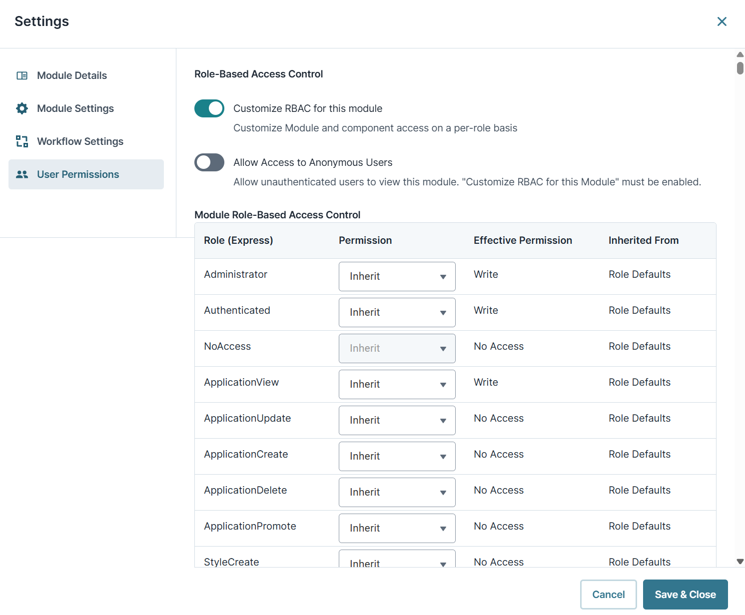 A static image showing module settings for RBAC.