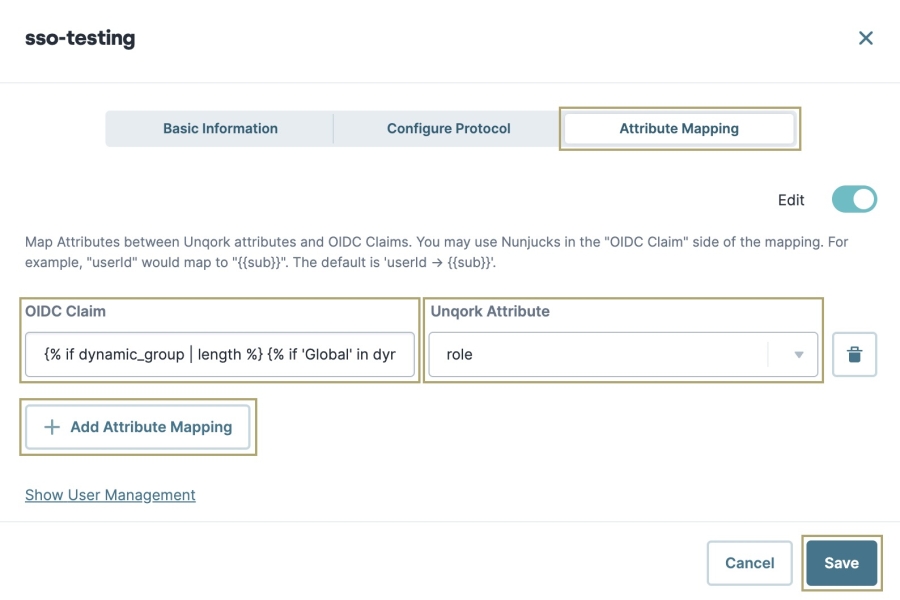 A static image displaying an example of conditional attribute mapping in Single Sign-On (SSO) Management.