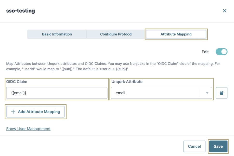 A static image displaying an example of dynamic attribute mapping in Single Sign-On (SSO) Management.