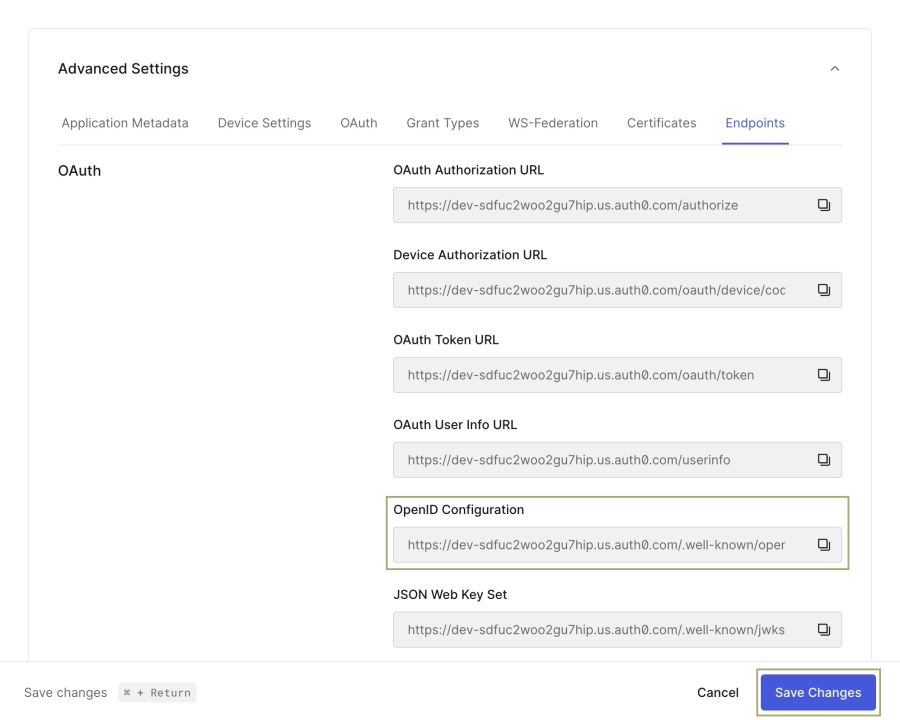 A static image displaying the OpenID Configuration that must be copied for use on the Single Sign-On (SSO) Management page.