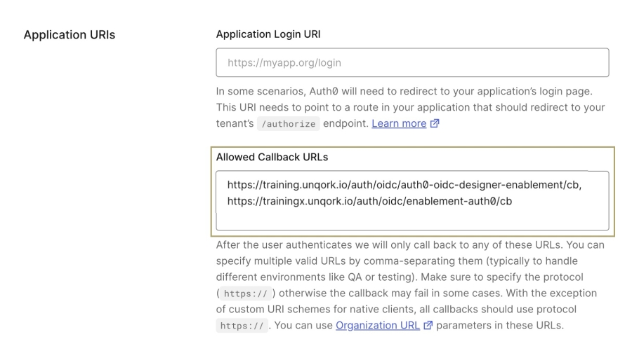 A static image displaying the Allowed Callback URLs field to enter your Redirect URI.