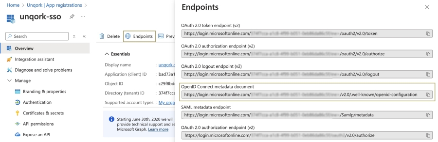 A static image displaying the Endpoints panel and the OpenID Connect Metadata Document value.