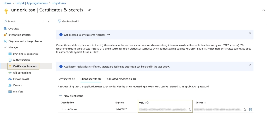 A static image displaying the Client Secret Value that must be copied for use in the OIDC configuration in Unqork.