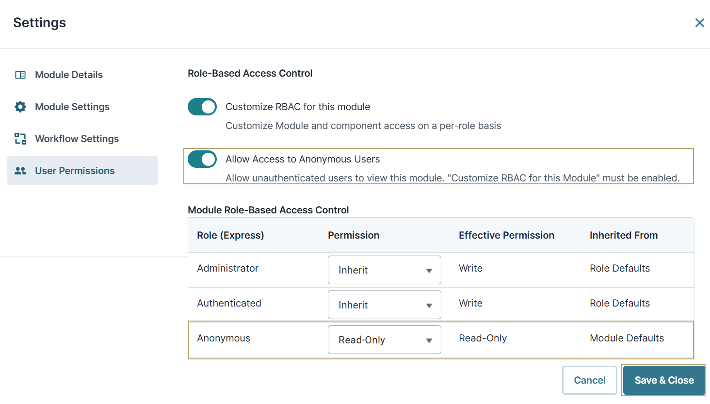 A static image displaying anonymous user settings