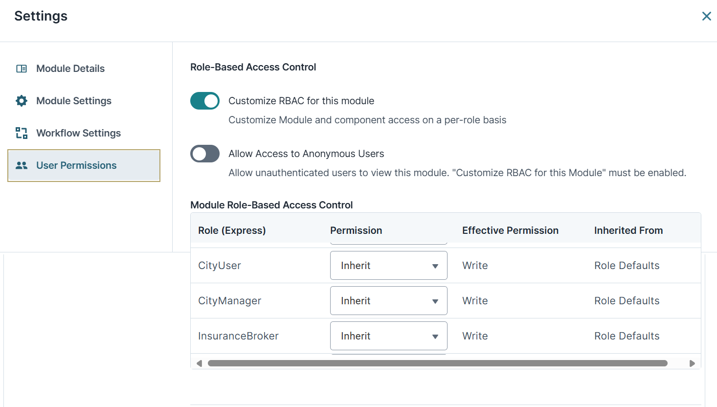 A static image displaying module RBAC settings
