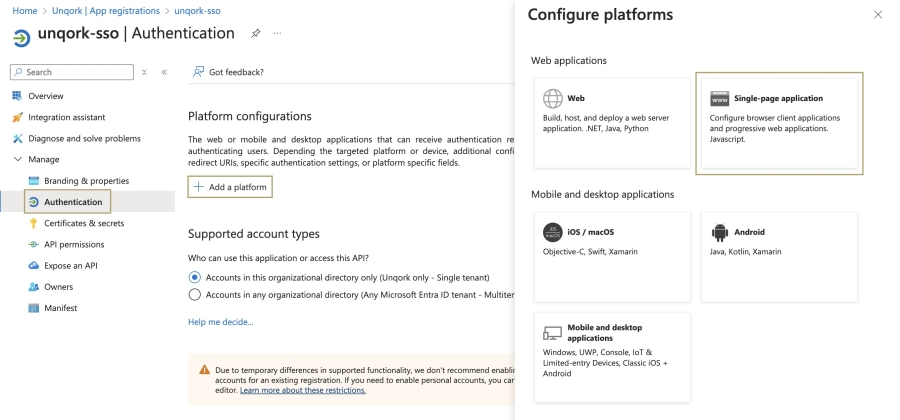 A static image displaying the Authentication tab and creating a single-page application platform.