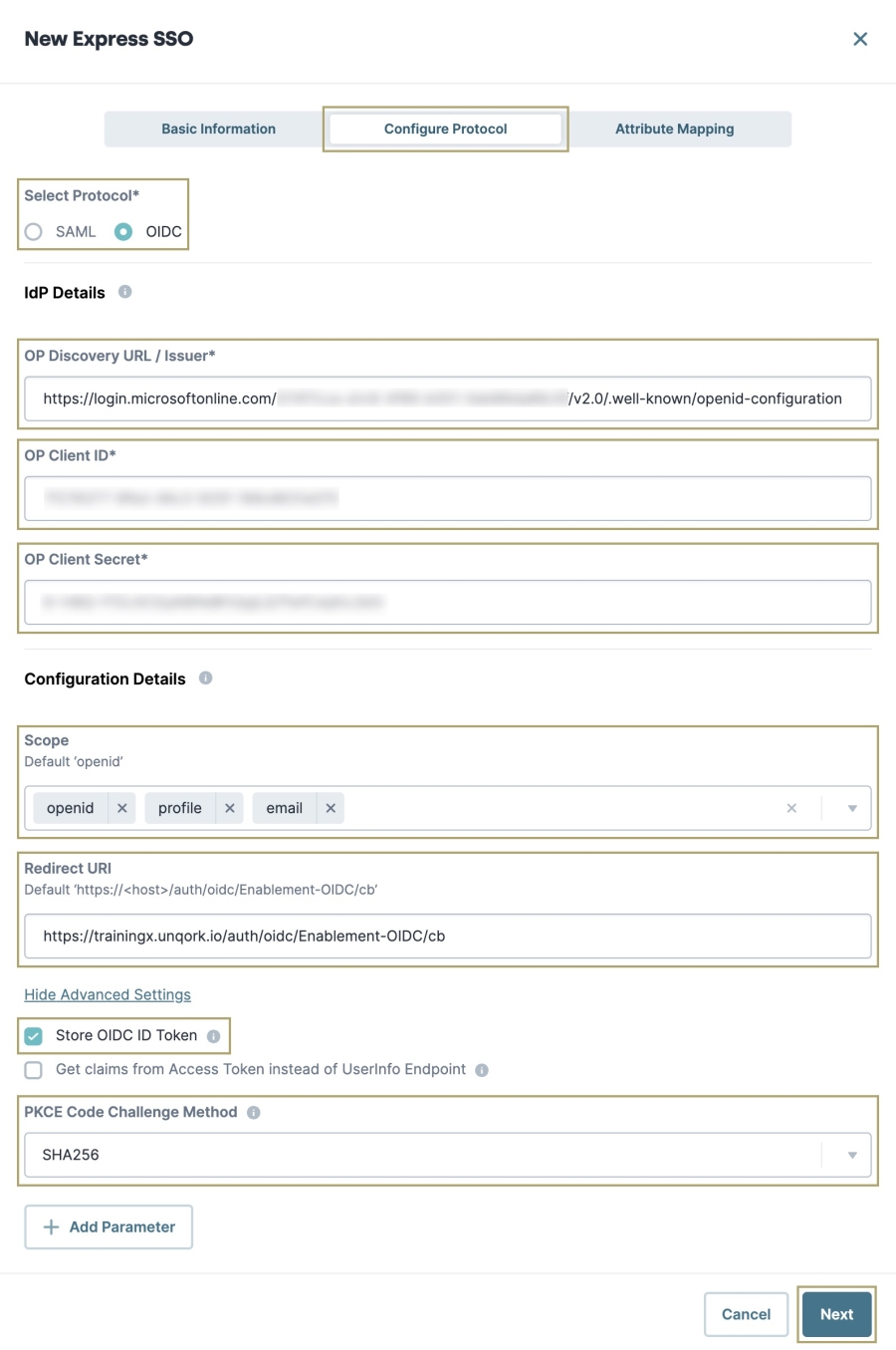 A static image displaying the Configure Protocol configuration for Express SSO.