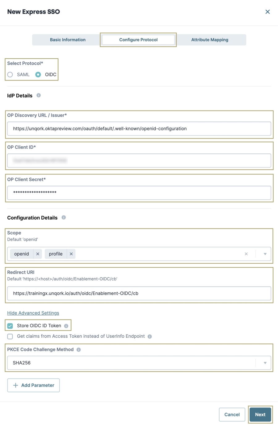 A static image displaying the Configure Protocol configuration for Express SSO.