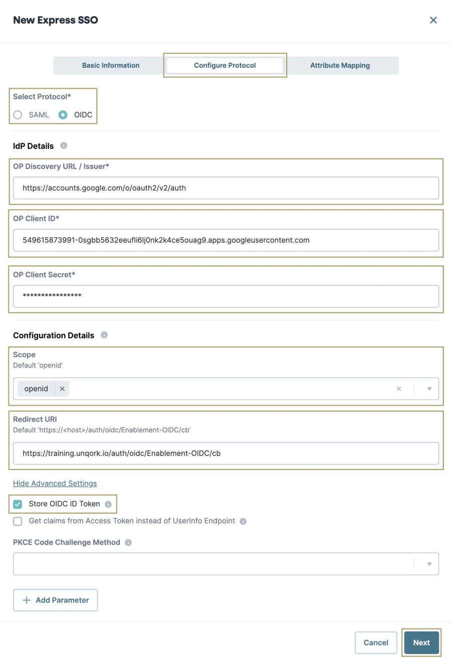 A static image displaying the Configure Protocol configuration for Express SSO.