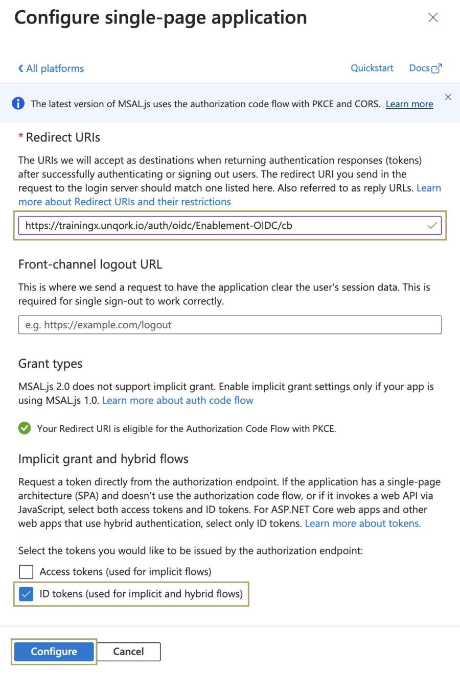 A static image displaying the Redirect URI configuration for a single-page application authentication.