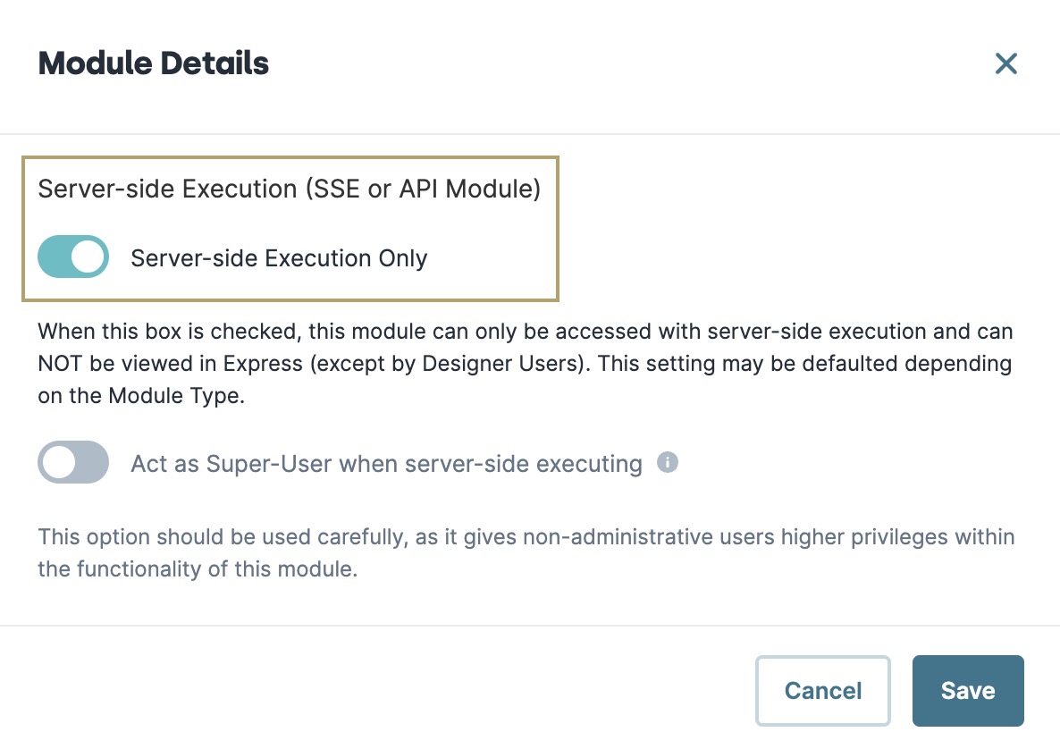 A static image displaying the Module Details modal and Server-Side Execution Only set to ON.