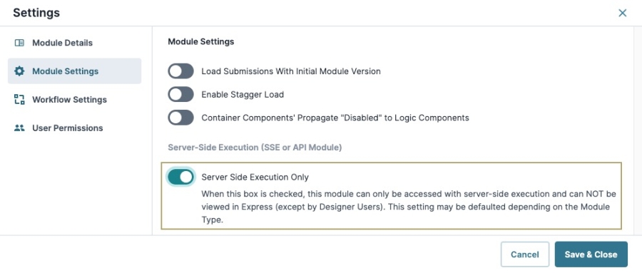 A static image displaying an Other-type module's Server side execution setting.