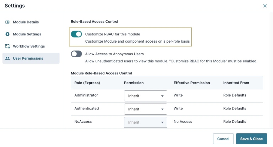 A static image displaying a Module's User Permissions settings.