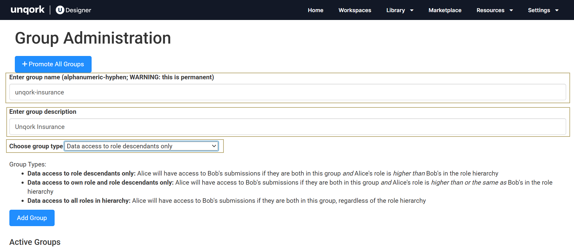 A static image showing group administration config page.
