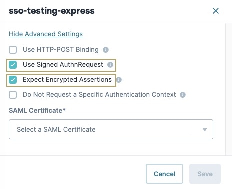 A static image displaying an existing SAML SSO Configuration's advanced settings.