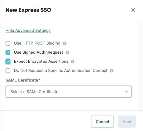 A static image displaying an new SAML SSO Configuration's advanced settings.