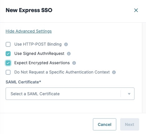 A static image displaying an new SAML SSO Configuration's advanced settings.