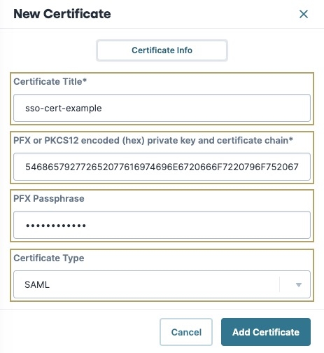 A static image displaying the New SAML Certification configuration odal.