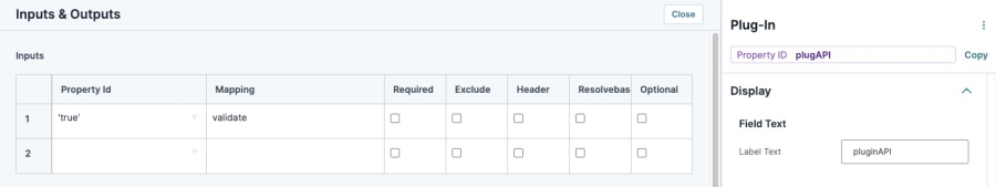 A static image displaying a Plugin component's configuration window. The Property ID is set to true, and the Mapping value is set to validate.