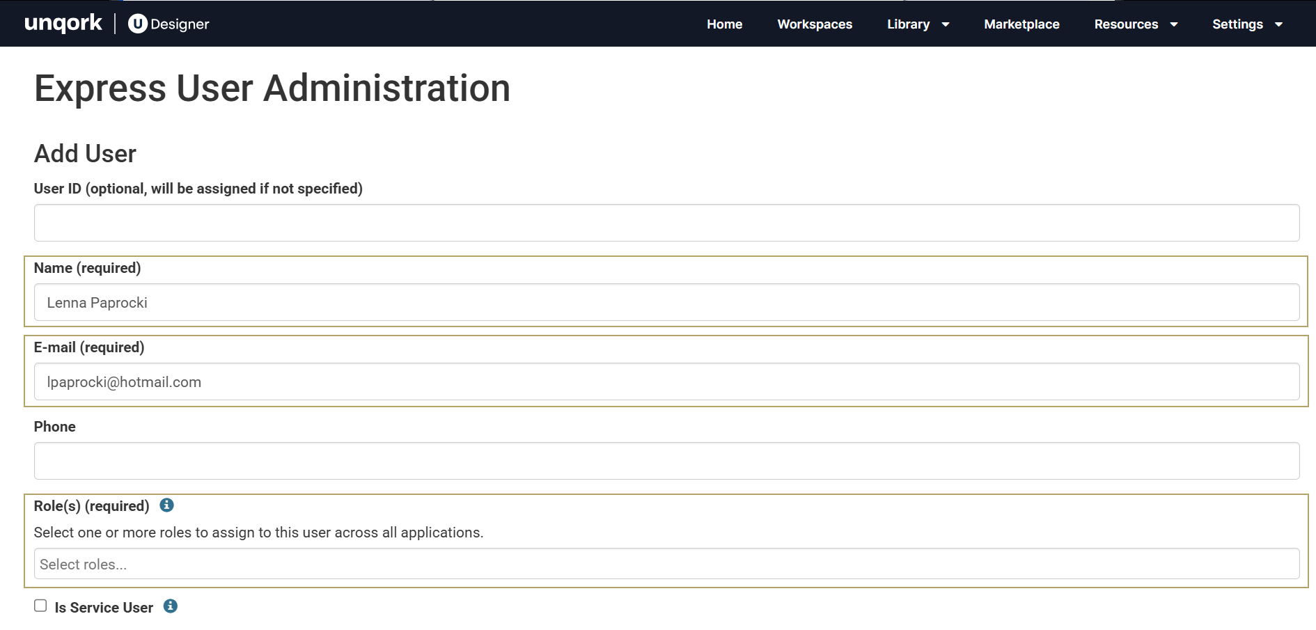 A static image showing add user screen under express user administration menu. 