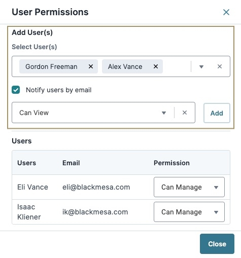 A static image displaying the User Permissions Add Users pane.