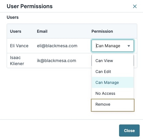 A static image displaying the User Permissions pane, the change permission drop-down is displayed.