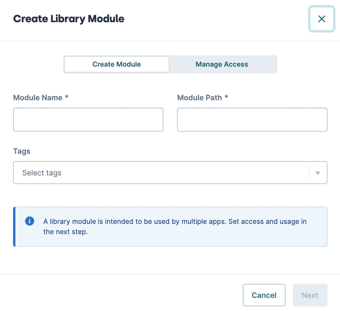 Static image displaying the Create Library Module modal which displays after creating a new library element.