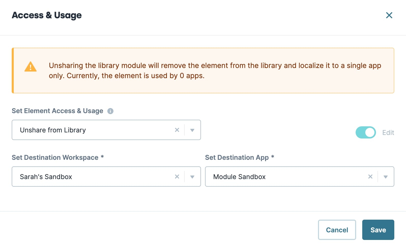 Static image displaying the settings configuration that unshares a library element from an application.