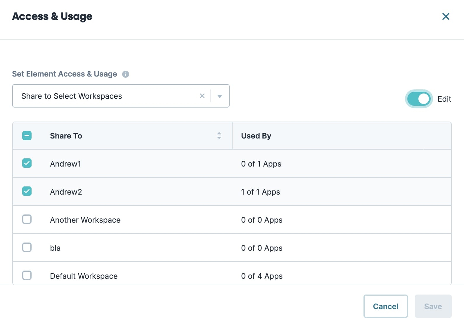 Static image displaying the Access & Usage tile of the Library Elements settings modal.