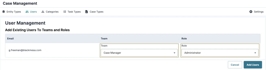A static image displaying the Add Existing Users to Teams and Roles page.