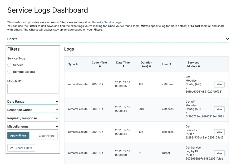 A static image displaying the Logs dashboard filters.