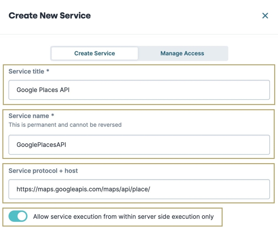 A static image displaying the Create New Service modal, the Service Title, Service Name, Service Protocol plus host, and Allow service execution features are highlighted.