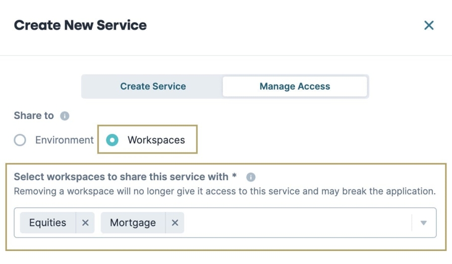 A static image displaying the Create New Service - Manage Access modal, Share to is set to Workspaces and two workspaces have been selected to share the service with.