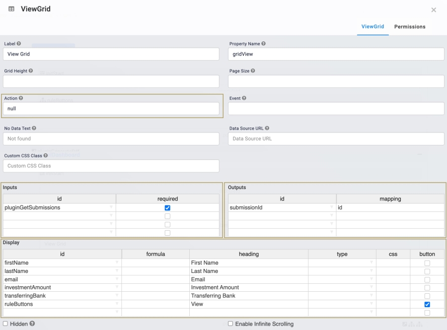 Static image of the gridView View Grid component's configuration.