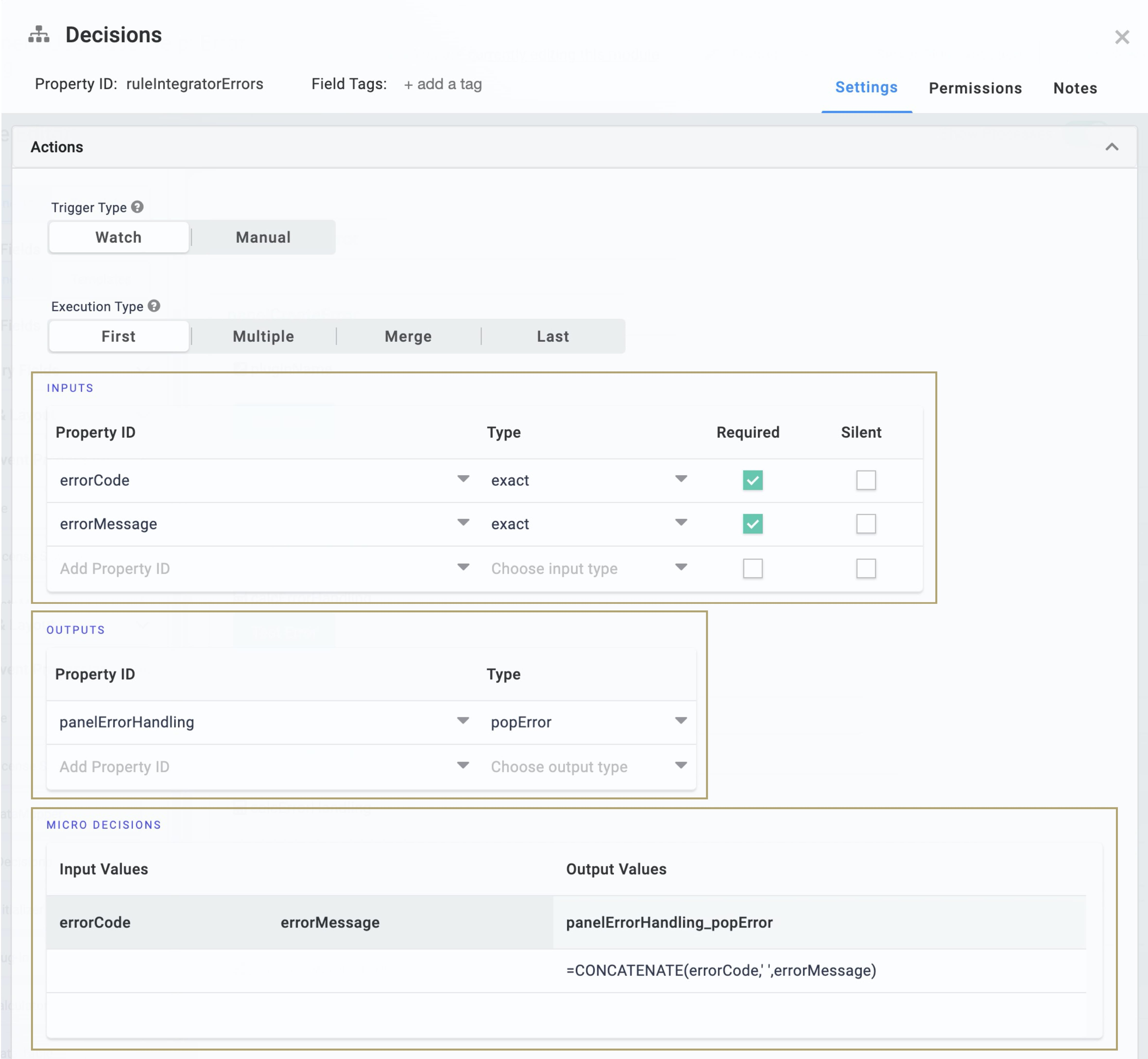 A static image displaying the Decisions component's configuration window.