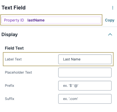A static image displaying the UDesigner Text Field component configuration window, the Property ID and Label Text fields are highlighted.